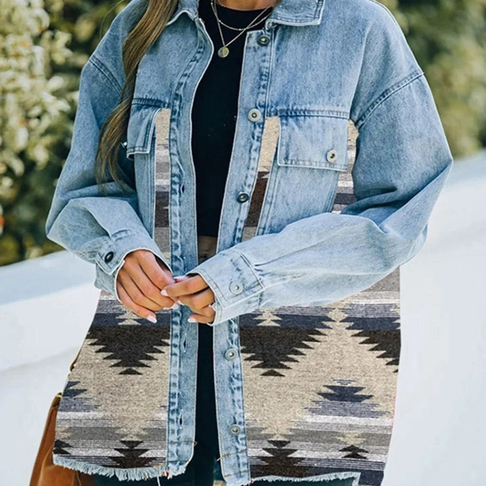 Collared Neck Denim Jacket with Raw Hem