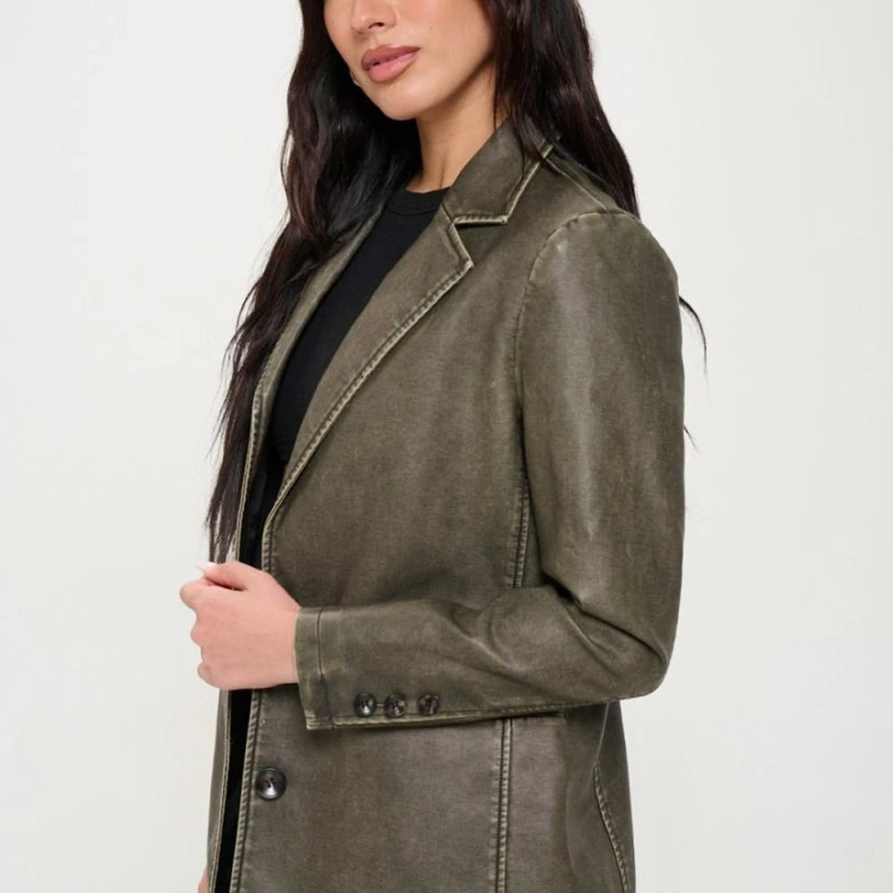 Vegan Leather Single-Breasted Blazer