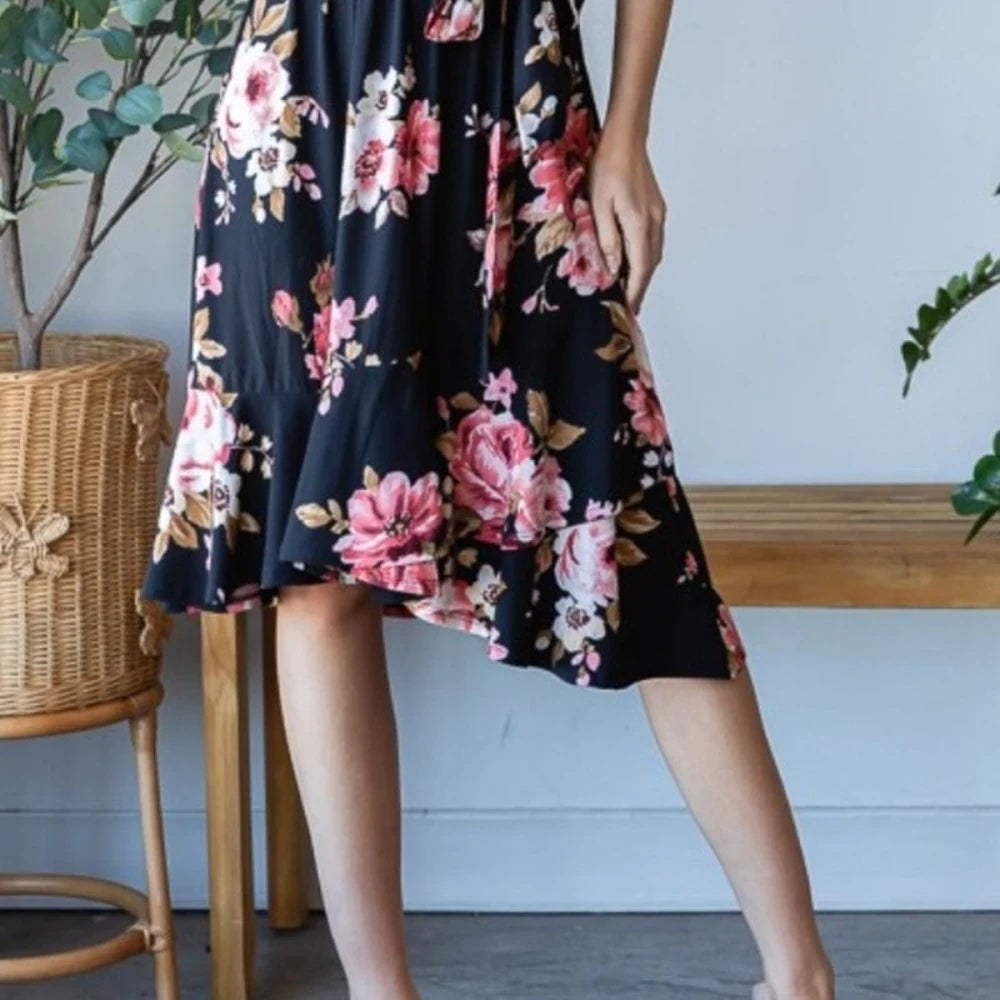 Floral Wrap Ruffle Hem Midi Skirt