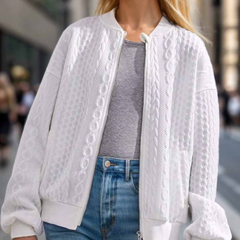Textured Zip Up Dropped Shoulder Jacket