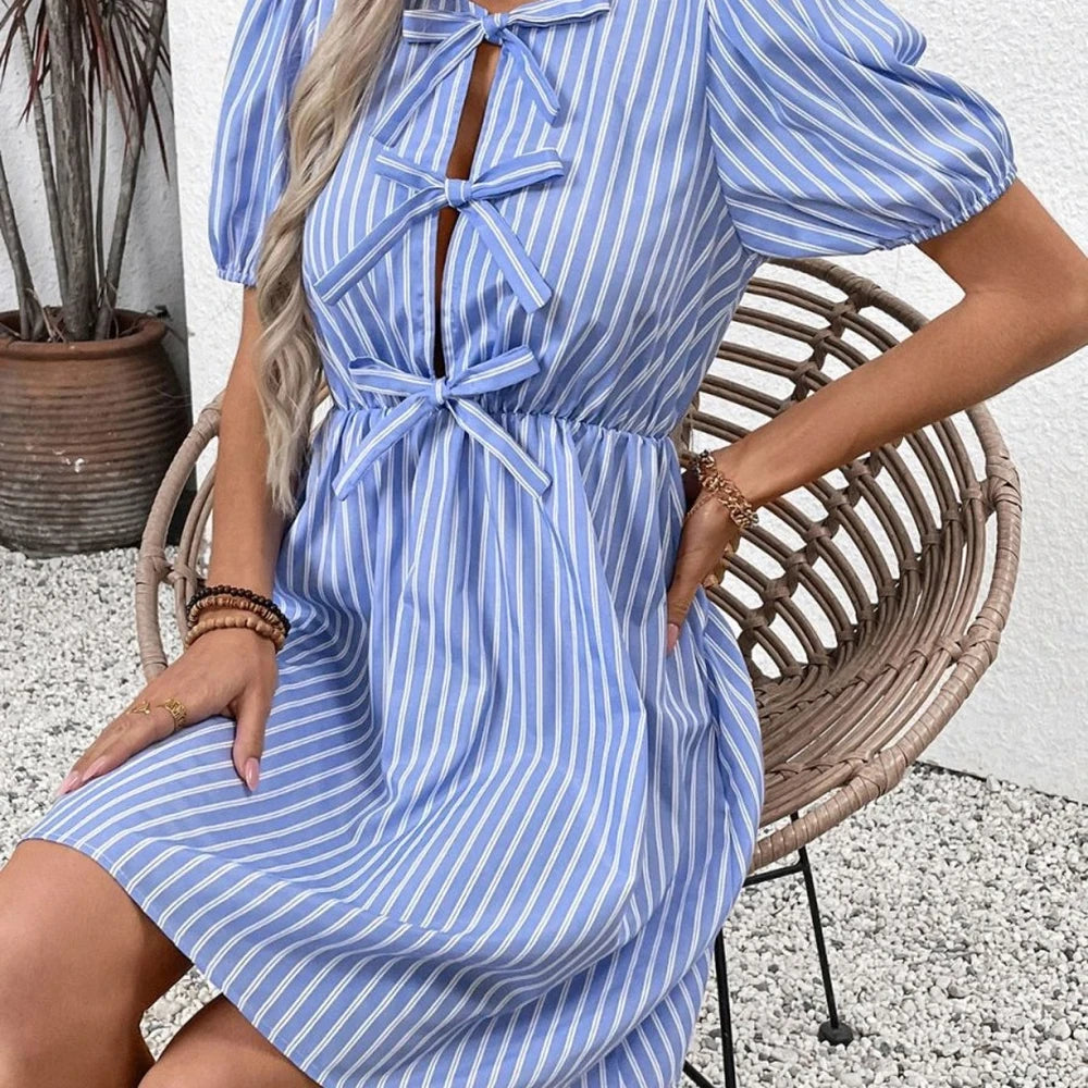 Striped Short Sleeve Mini Dress with Tie