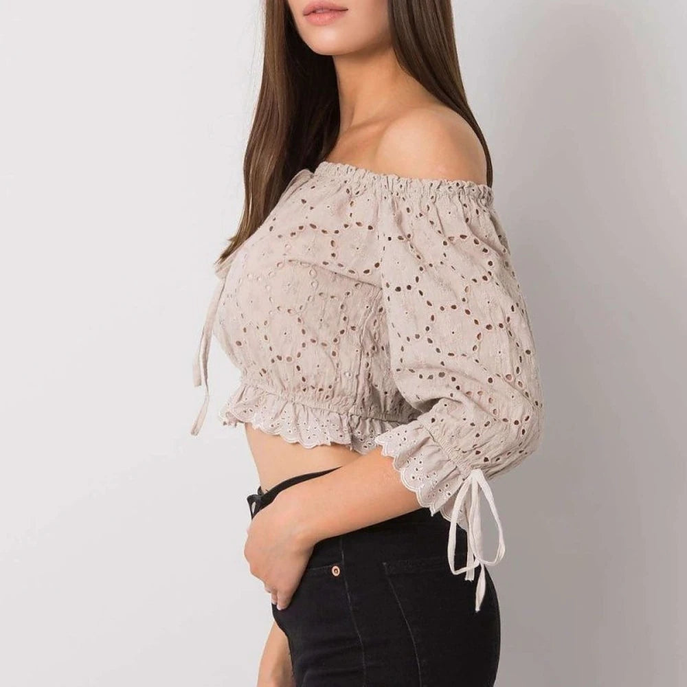 Openwork Cotton Short Sleeve Blouse