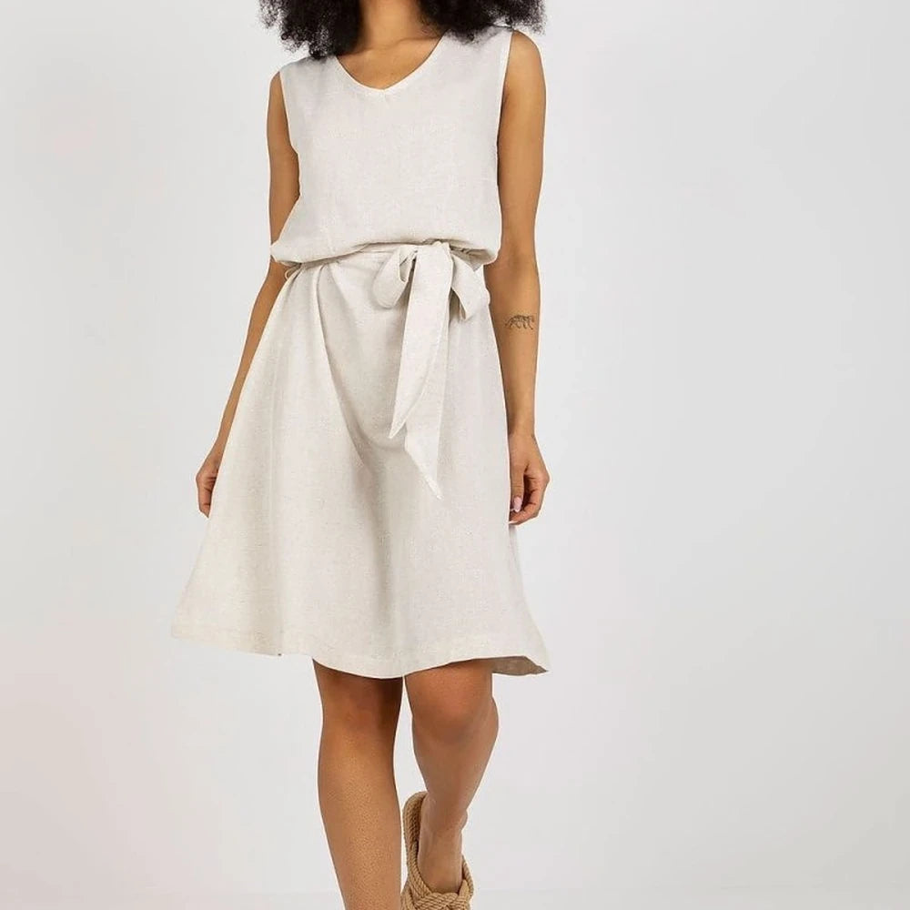 Beige V-Neck Sleeveless Summer Dress