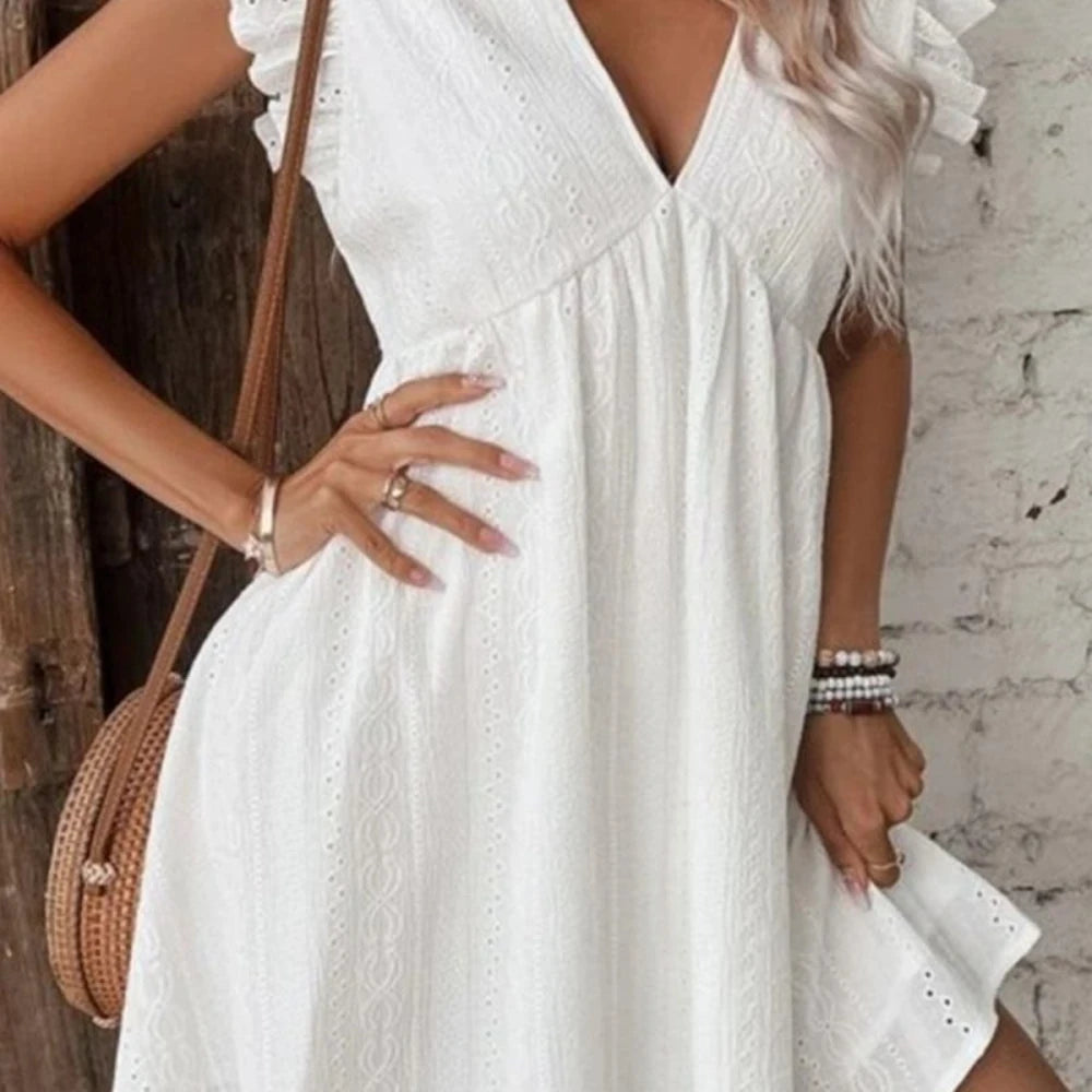 Women's Eyelet Ruffled Cap Sleeve Mini Dress