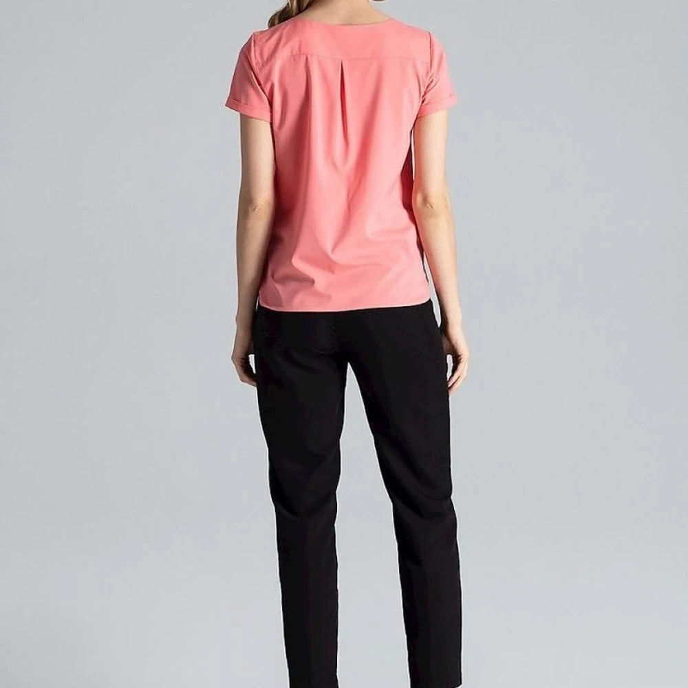 Heart Neck Blouse with Cuffed Short Sleeves