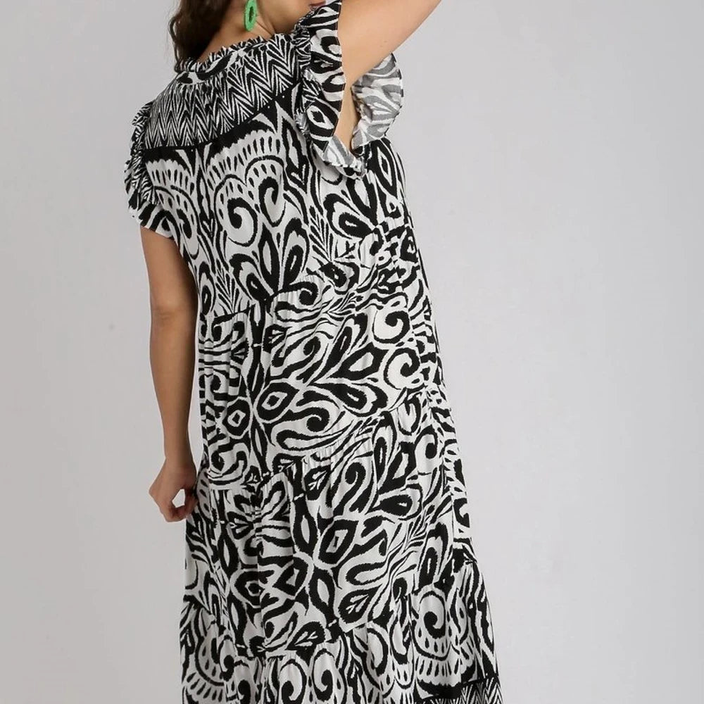 Umgee Two Tone Border Print Midi Dress