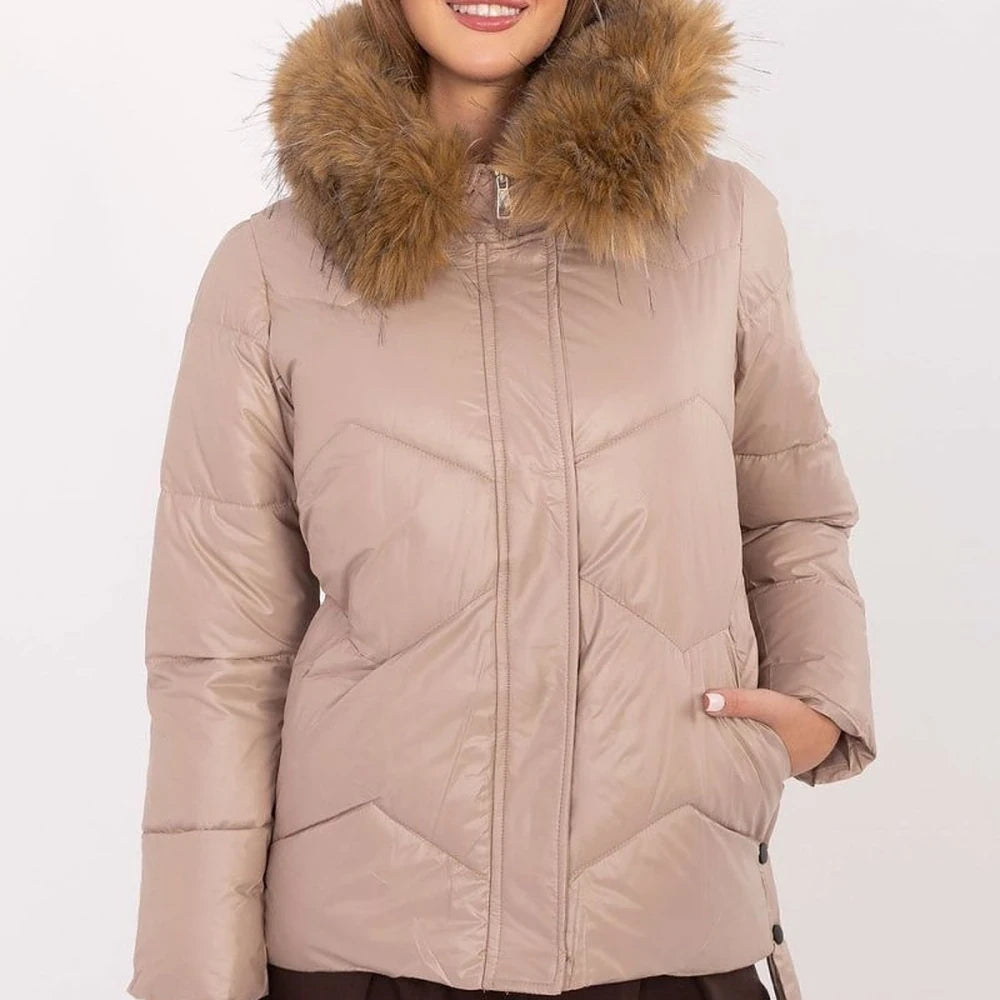 Women's Quilted Down Jacket with Detachable Fur Hood