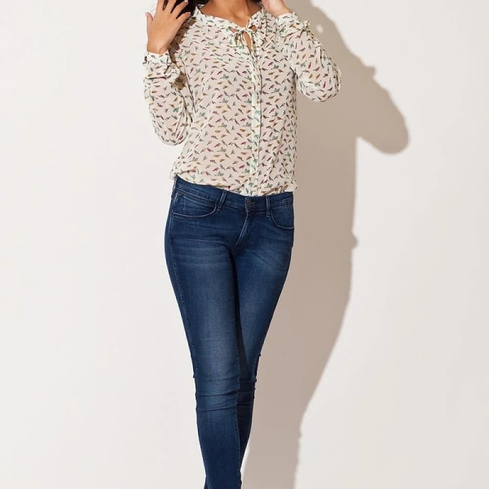 Chiffon Bird Print Shirt with Tie Neckline