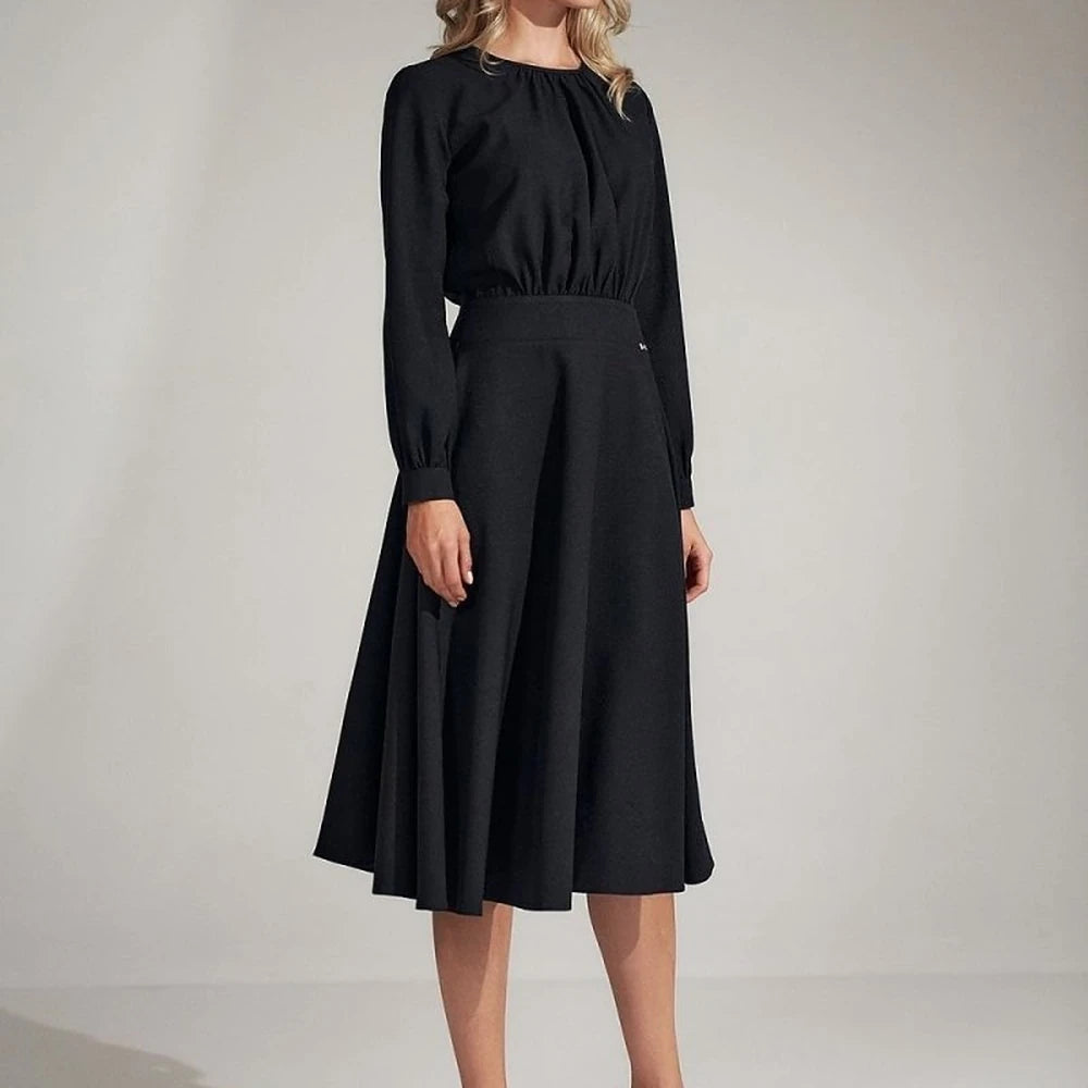 Black Flared Midi Dress with Ruffled Sleeves
