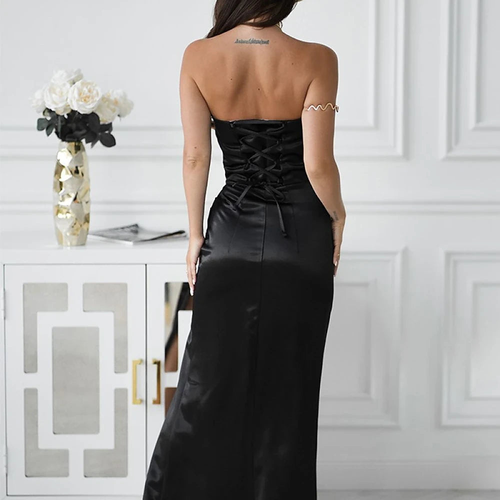Black Satin Strapless Maxi Dress with Slit
