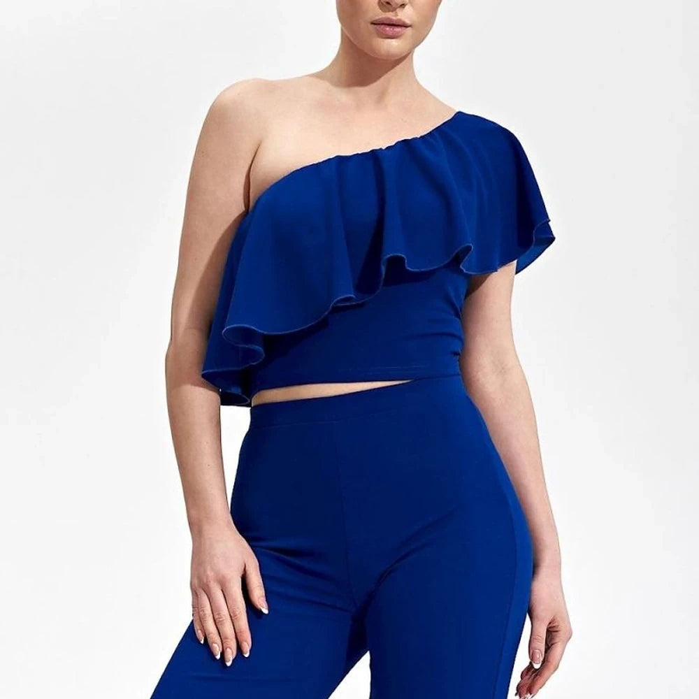 One-Shoulder Ruffle Crop Blouse