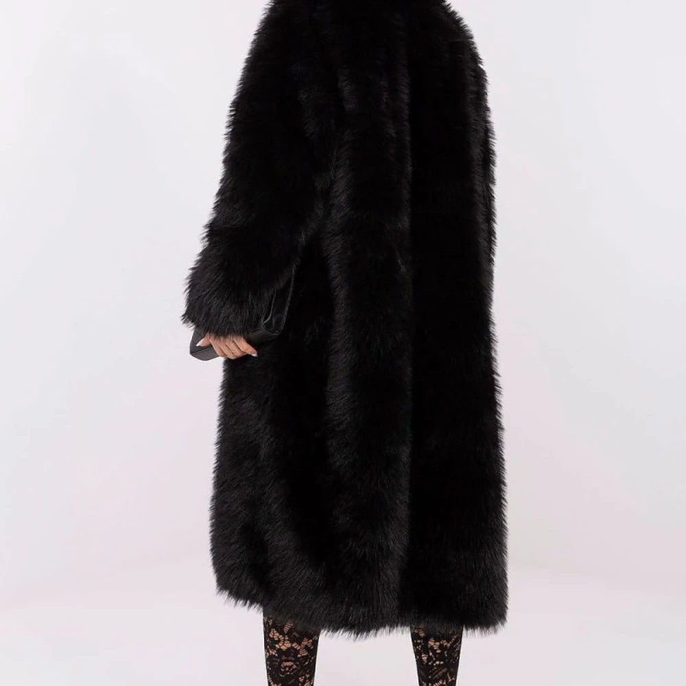 Brown Long Fur Coat with Snap Closure