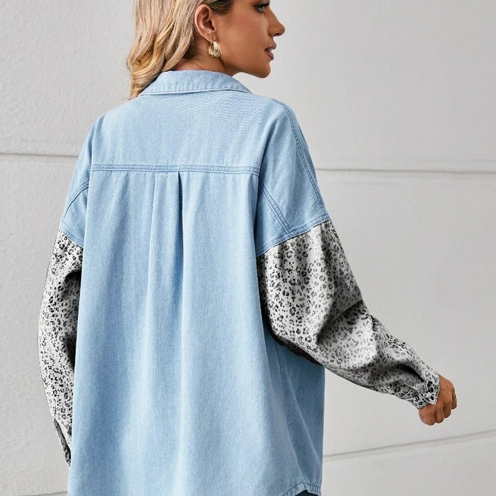 Leopard Print Button Up Denim Jacket