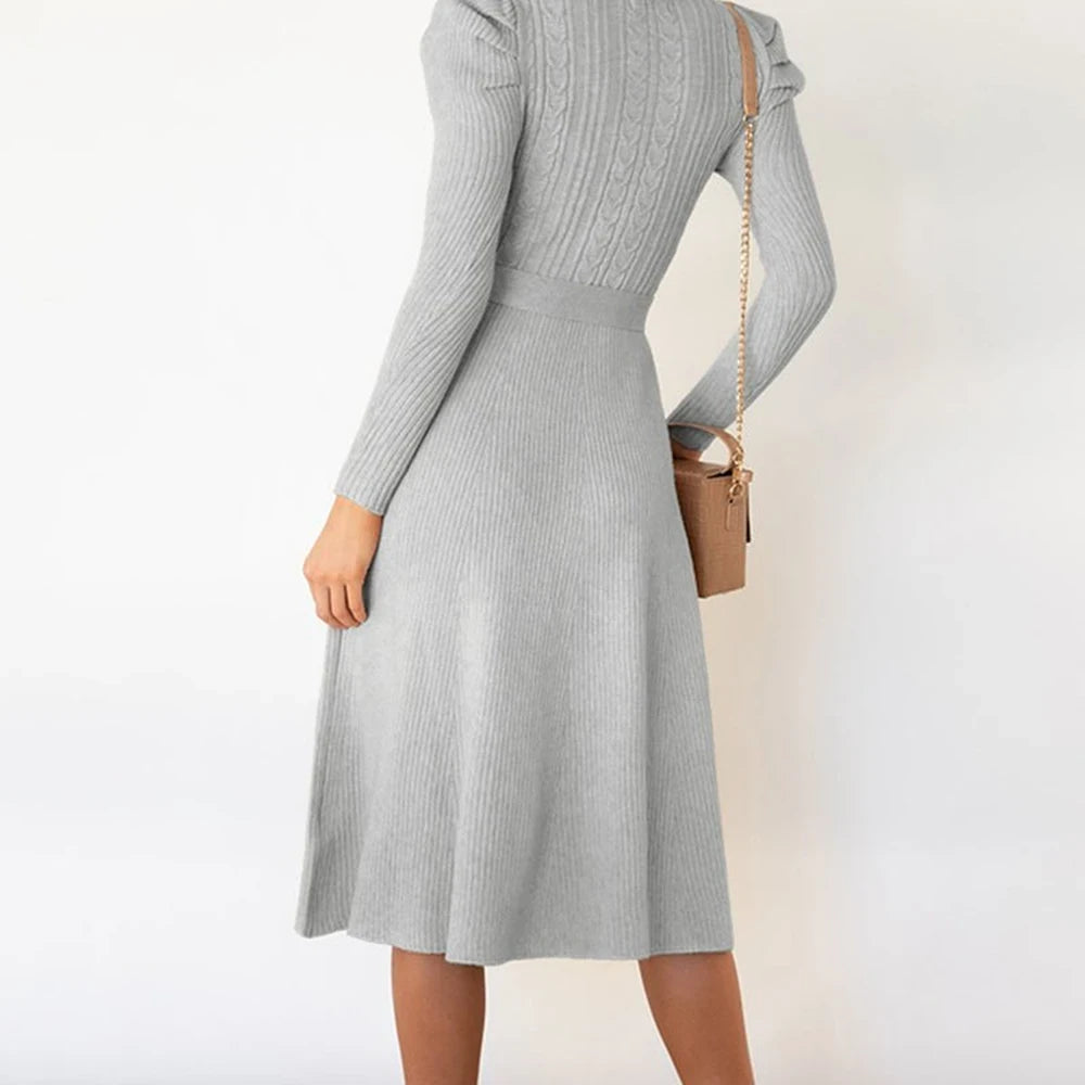 Round Neck Long Sleeve Tie Waist Sweater Dress