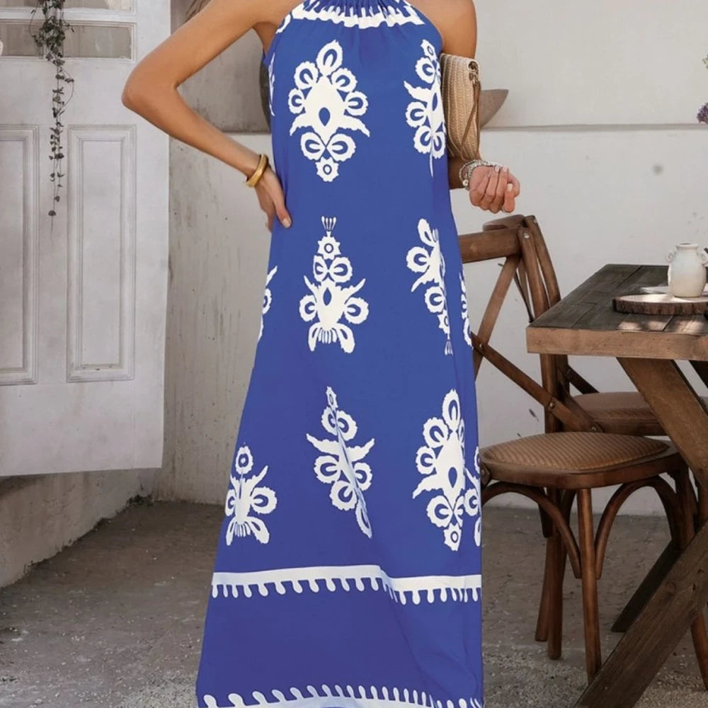 Printed Maxi Dress with Grecian Neck