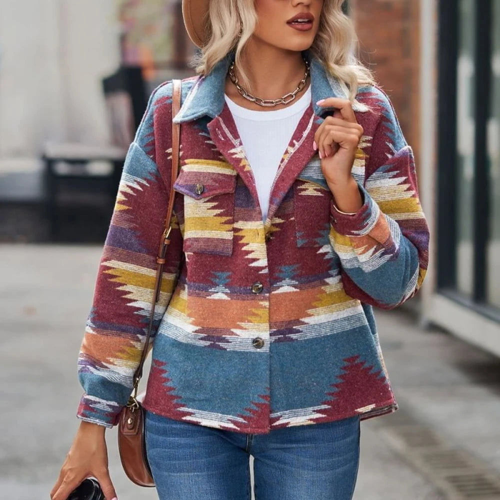 Printed Collared Neck Long Sleeve Casual Jacket