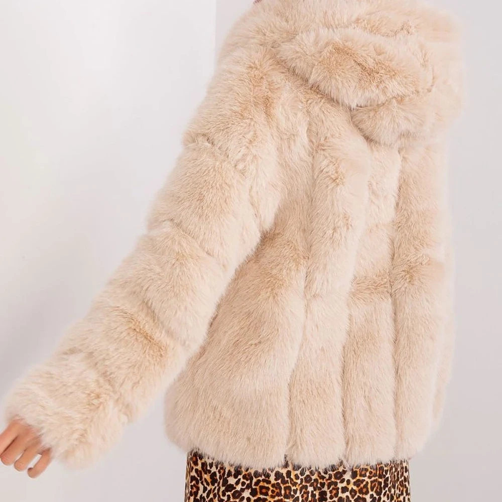 Women's Fur Hooded Jacket with Hook-and-Loop Closure