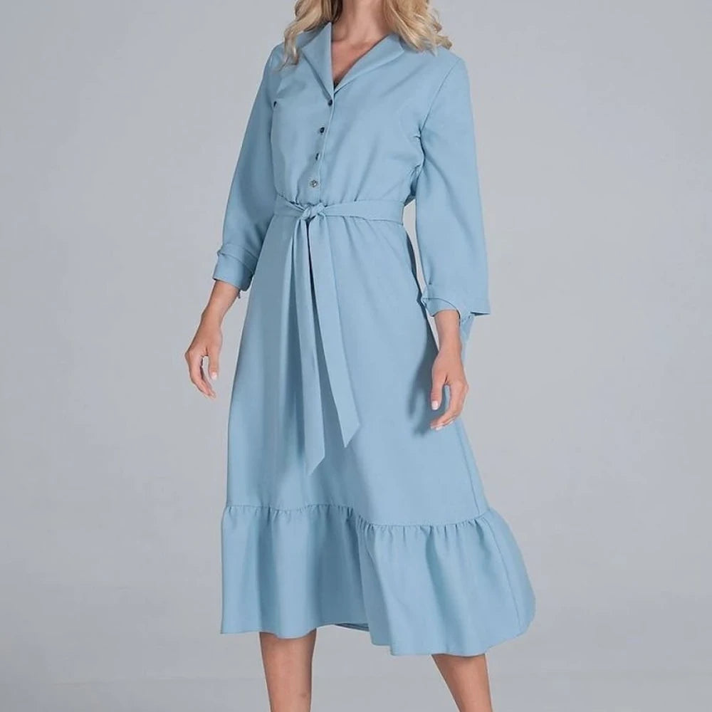 Maxi Dress Ruffle Hem V-Neck Buttoned