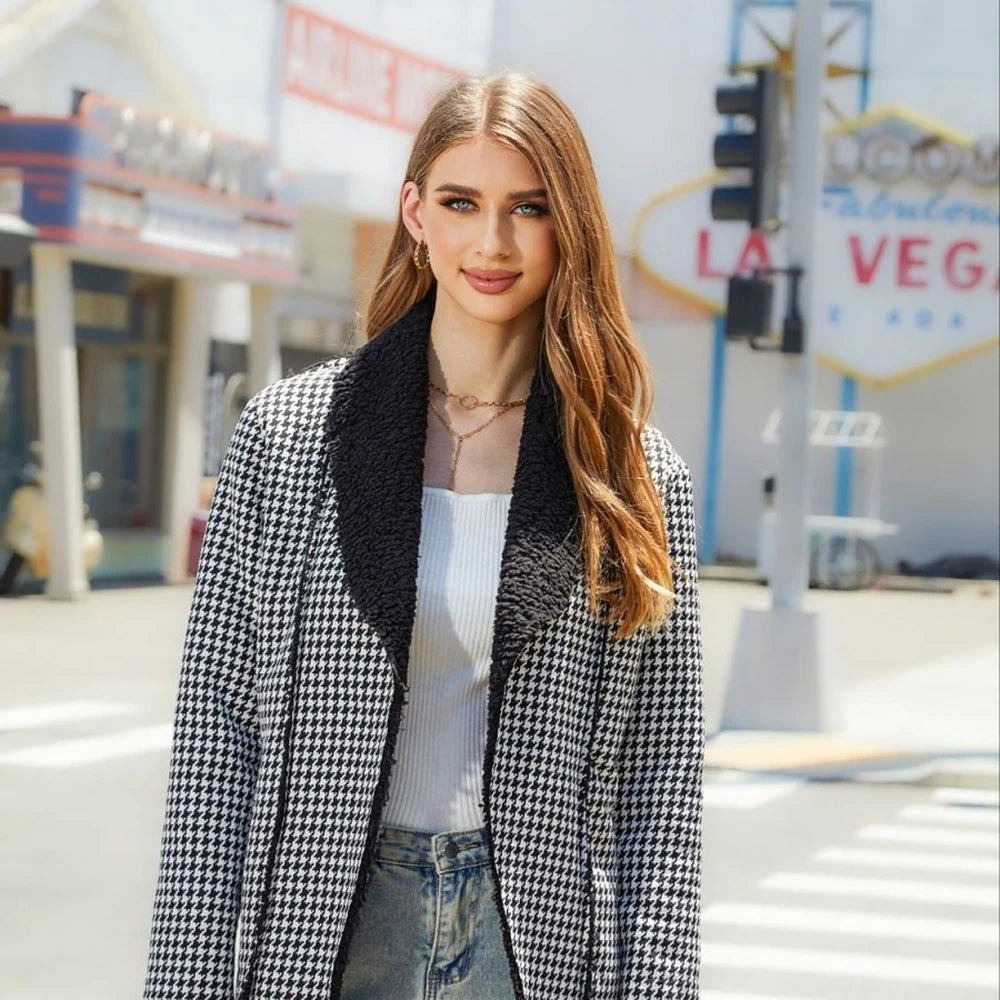 Houndstooth Open Front Long Sleeve Jacket