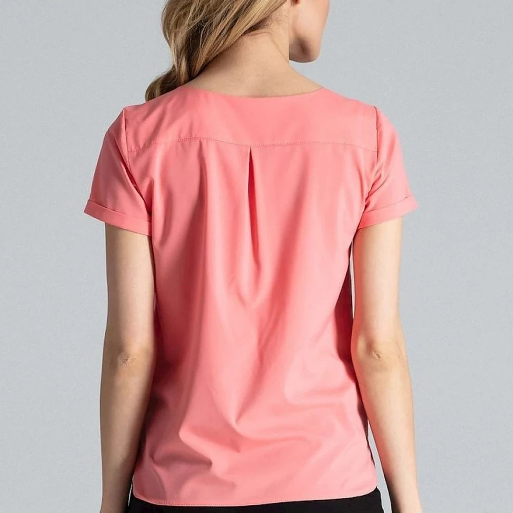 Heart Neck Blouse with Cuffed Short Sleeves