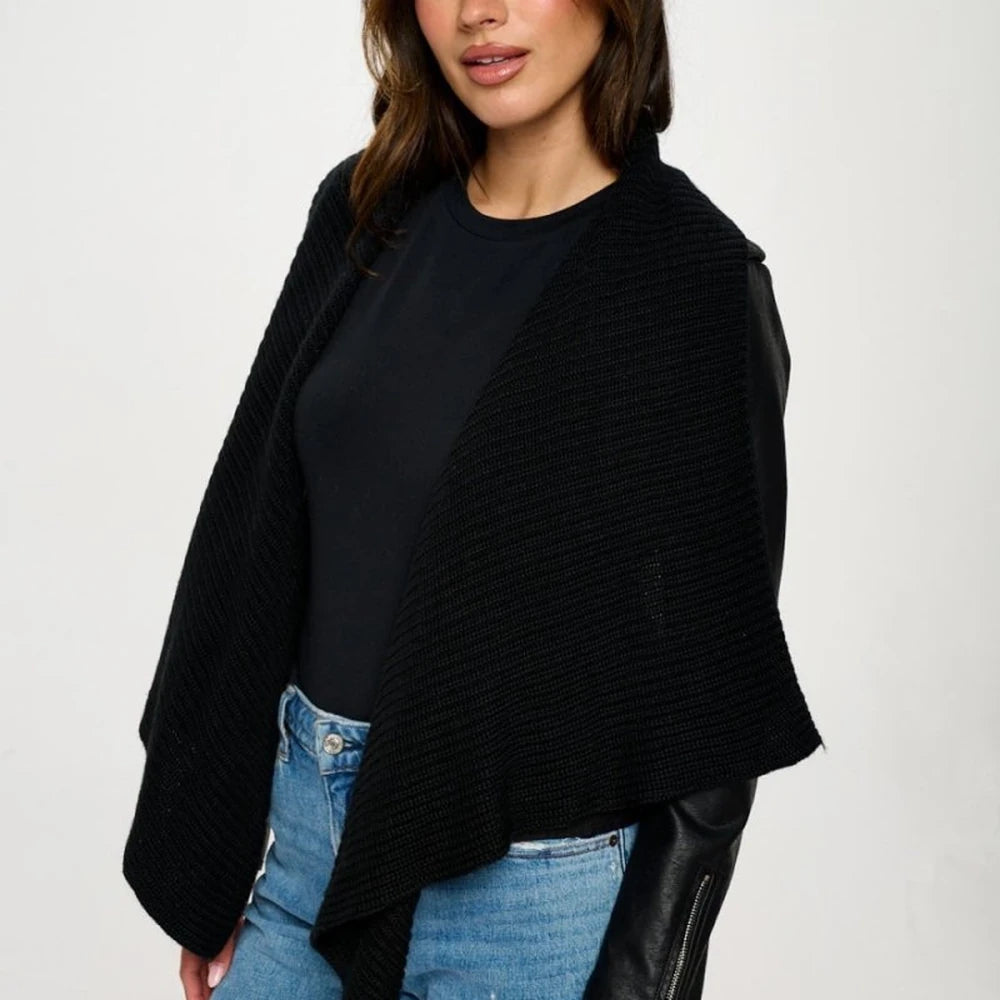 Faux Leather Knit Crop Jacket with Collar