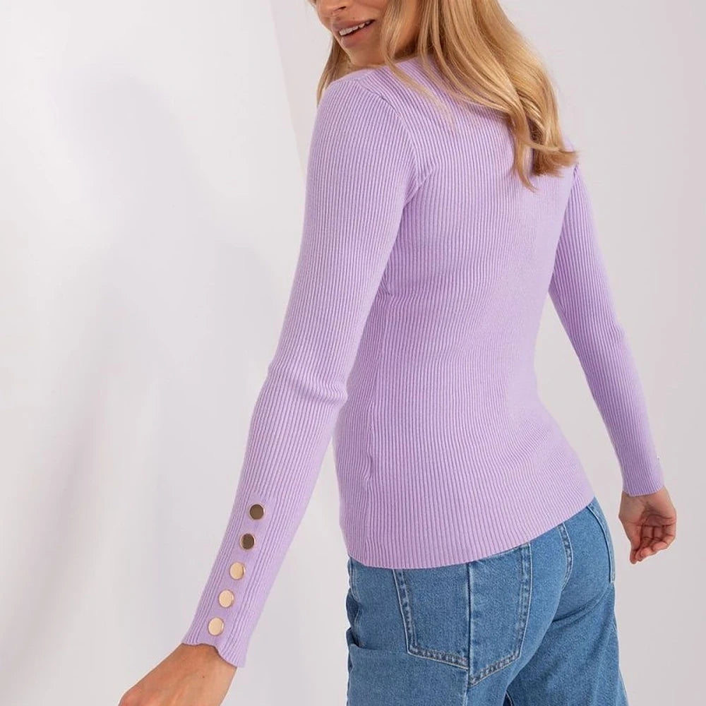 Ribbed Knit Sweater with Sleeve Buttons