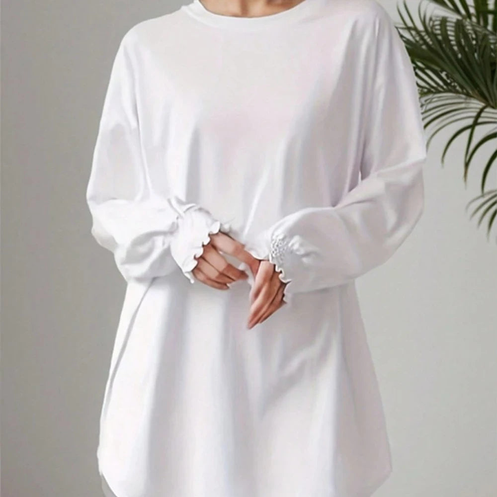 Smocked Cuff Round Neck Long Sleeve T-Shirt