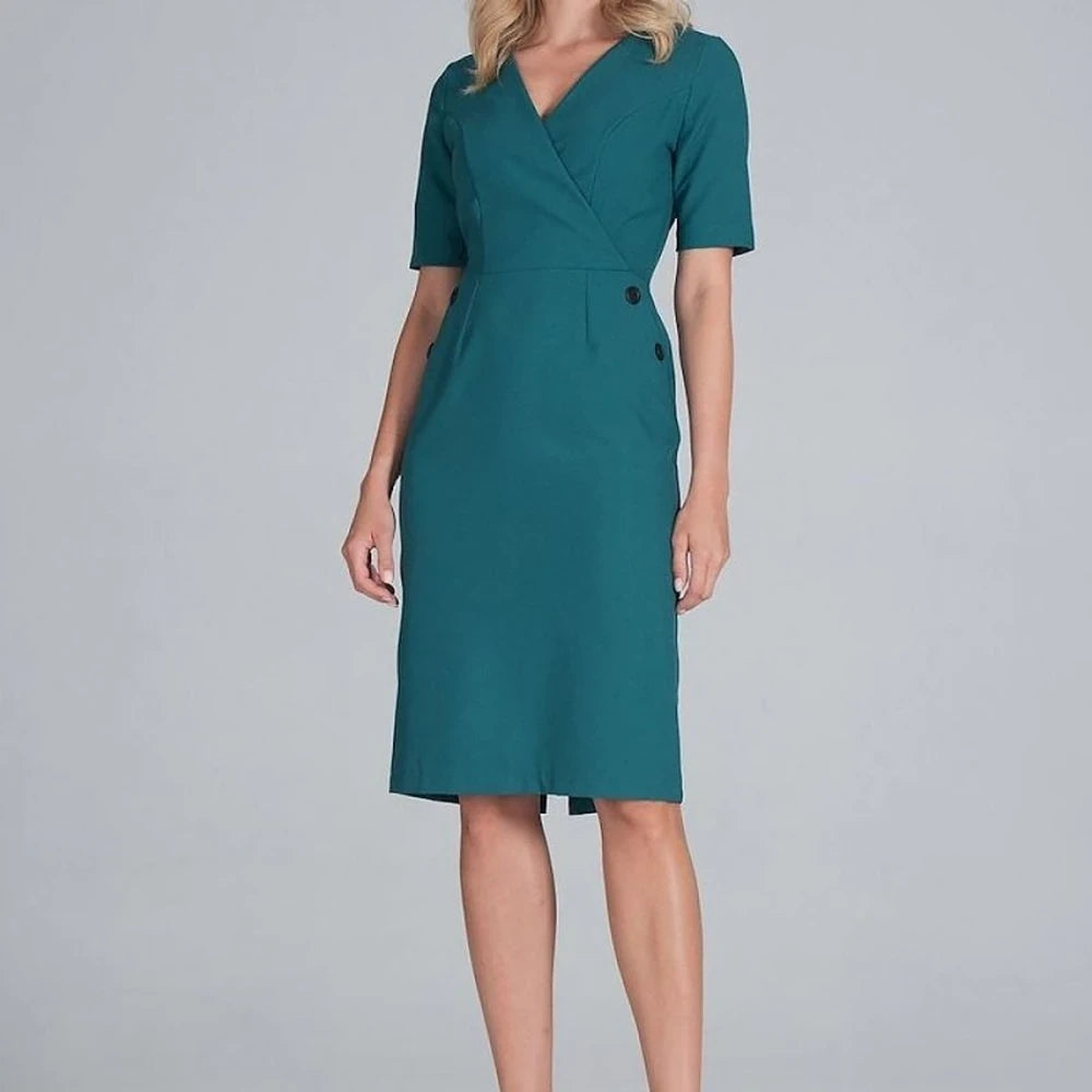 Midi Pencil Dress with Envelope Neckline