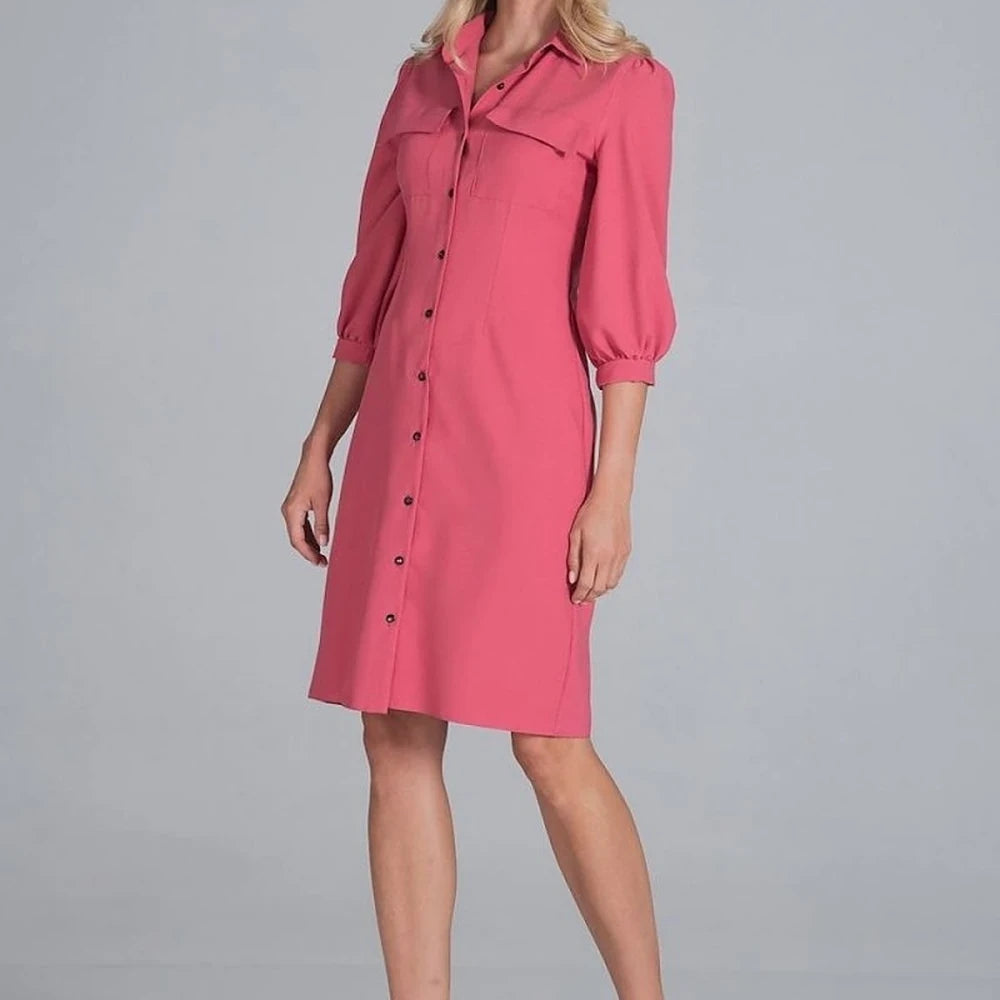 Midi Shirt Dress with Collar and 3/4 Sleeves