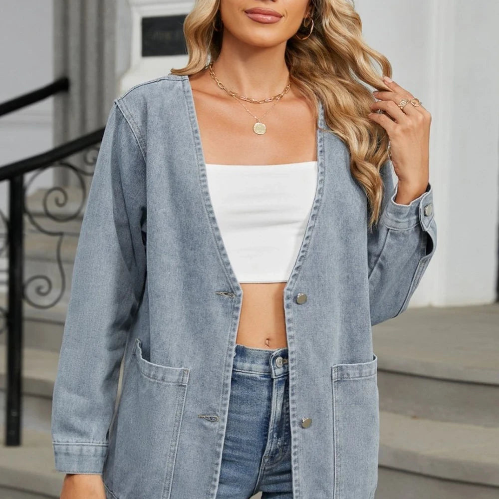 V-Neck Button Up Denim Jacket with Pockets