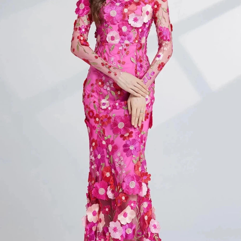 Floral Embroidered Mesh Midi Dress