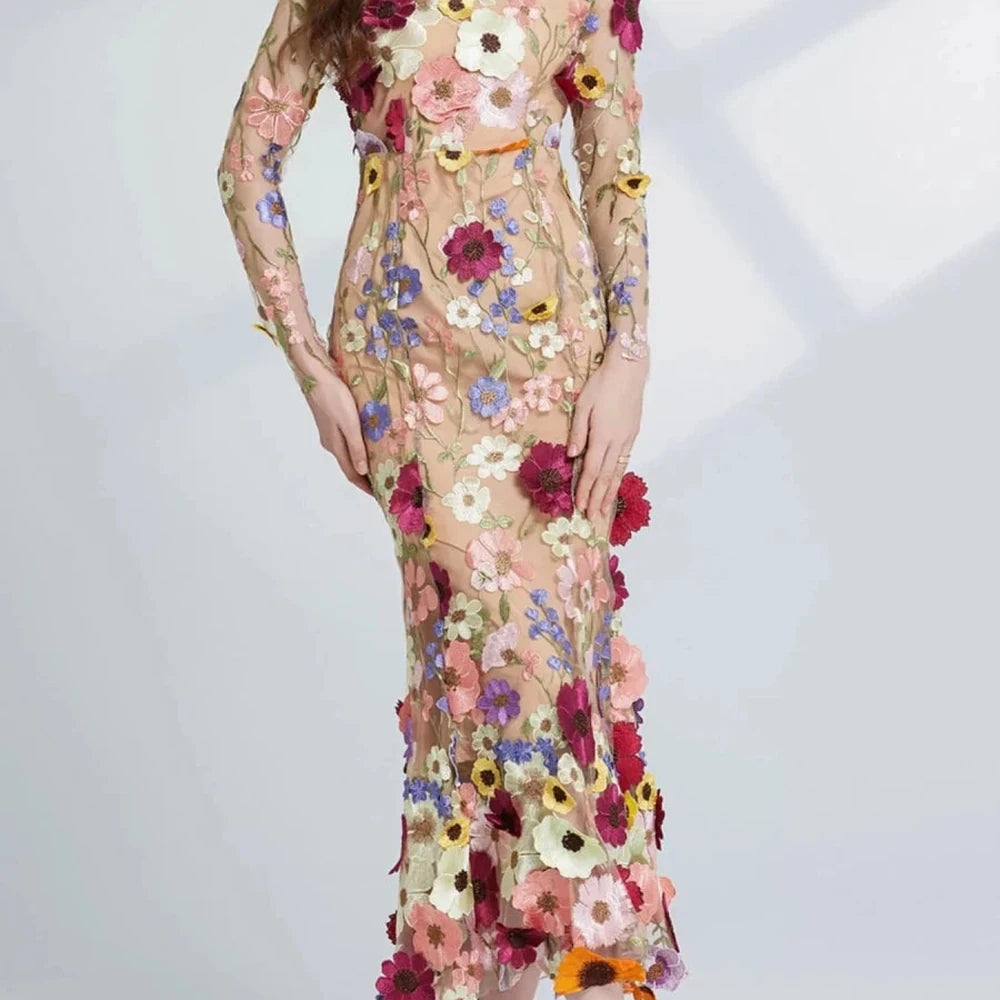 Floral Embroidered Mesh Midi Dress
