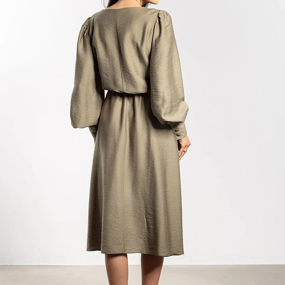 Midi Dress with Elastic Waist and Long Sleeves