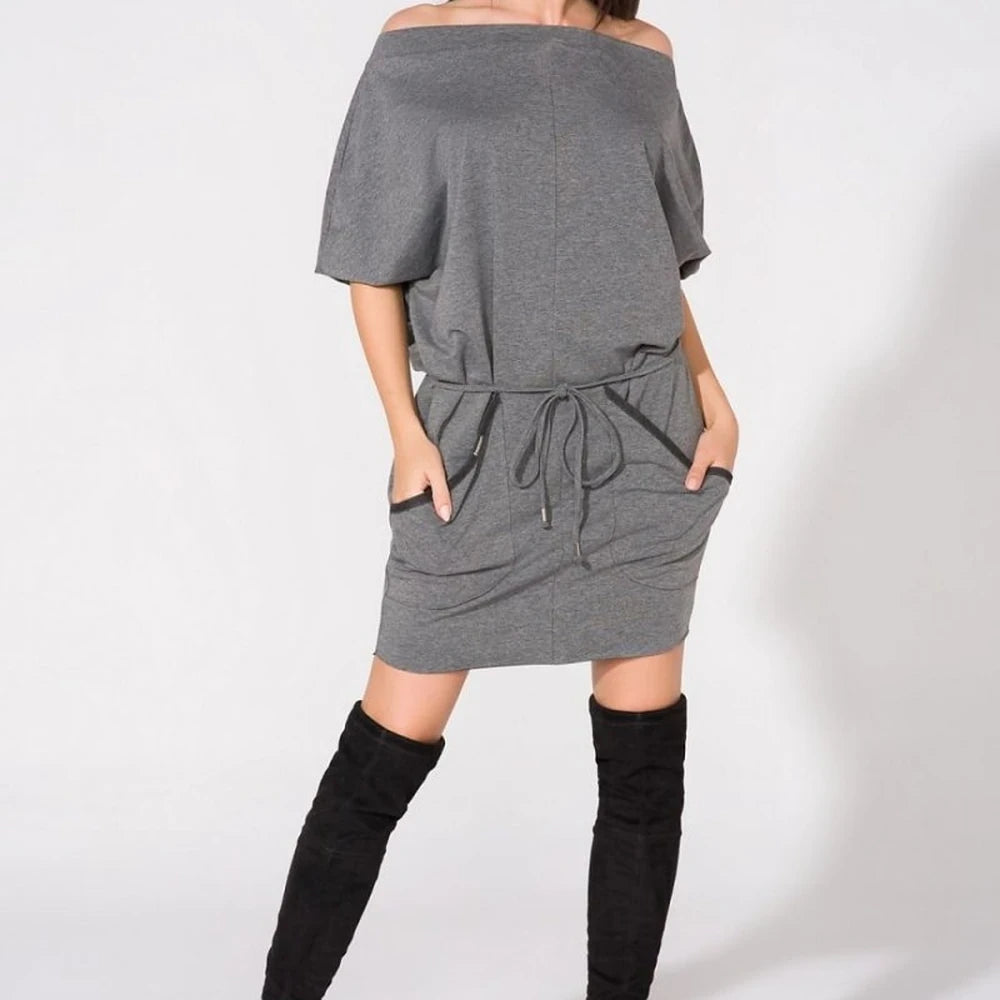 Loose Knit Boatneck Day Dress with Pockets