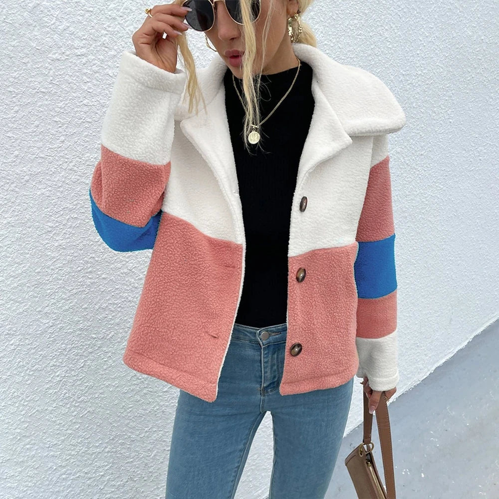 Shiny Color Block Button Down Jacket