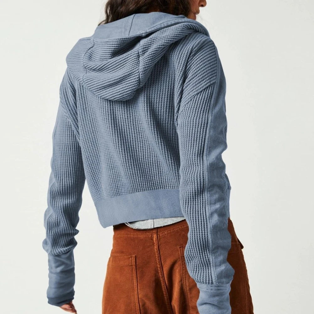 Waffle Knit Hooded Jacket with Dropped Shoulders