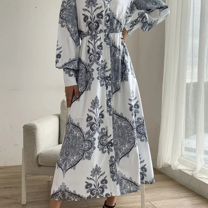 Printed Midi Dress with Lantern Sleeves