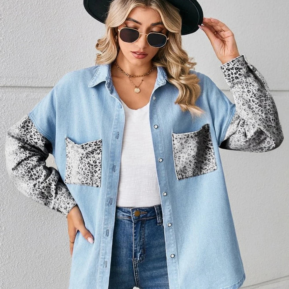 Leopard Print Button Up Denim Jacket