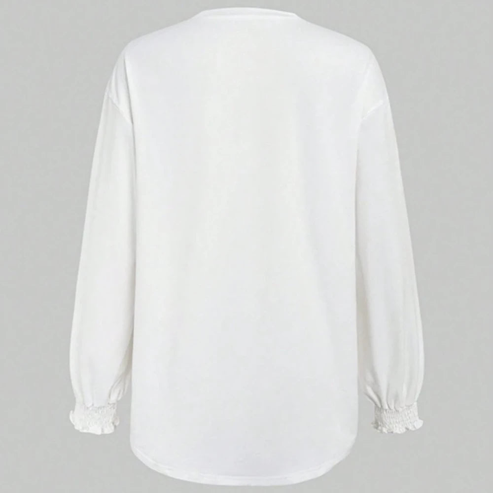 Smocked Cuff Round Neck Long Sleeve T-Shirt