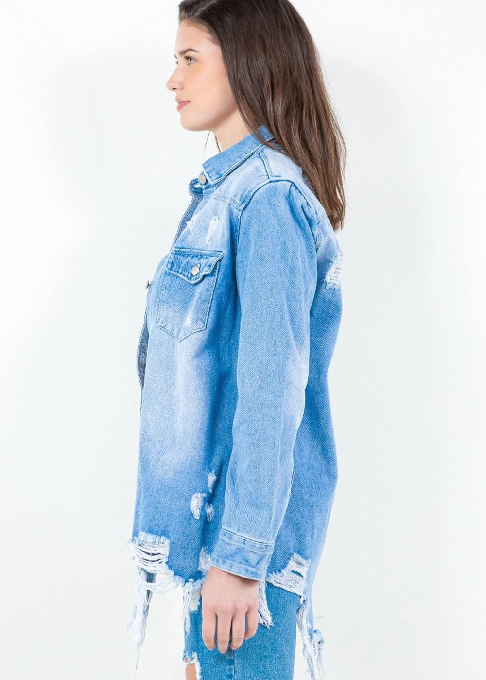 Distressed denim shirt jacket