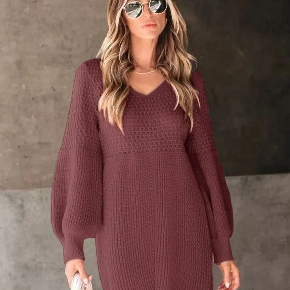 V-Neck Long Sleeve Sweater Dress