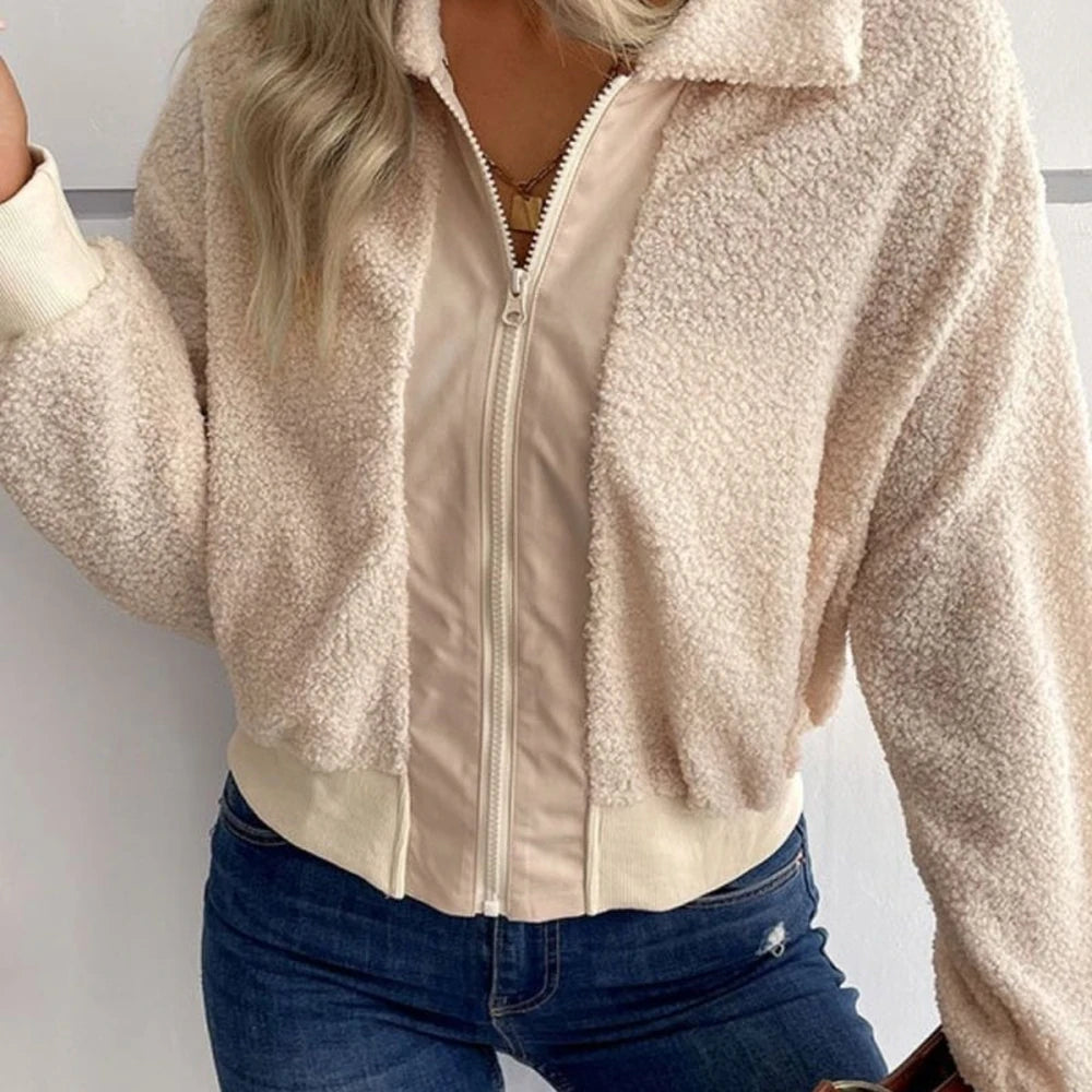 Sherpa Zip-Up Collared Neck Cropped Jacket