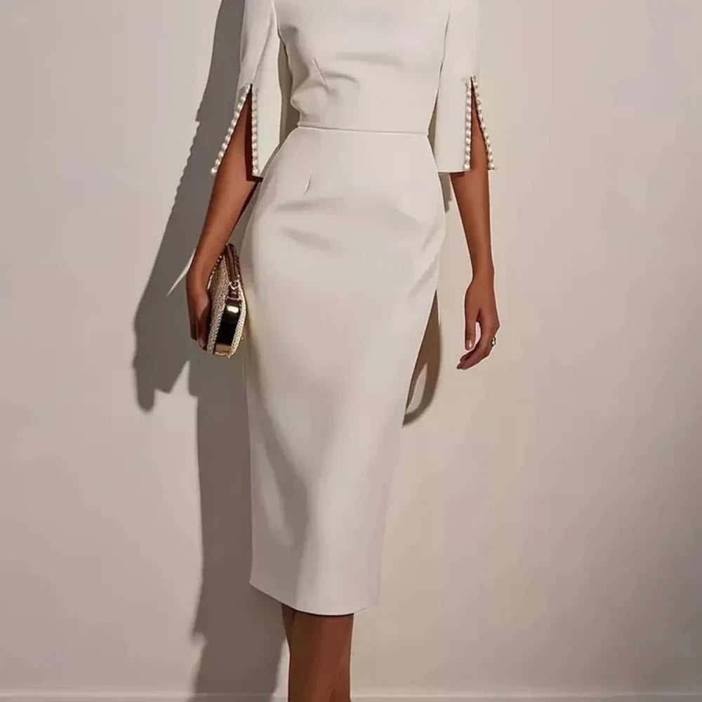 Elegant Midi Dress with Beaded Slit Sleeve