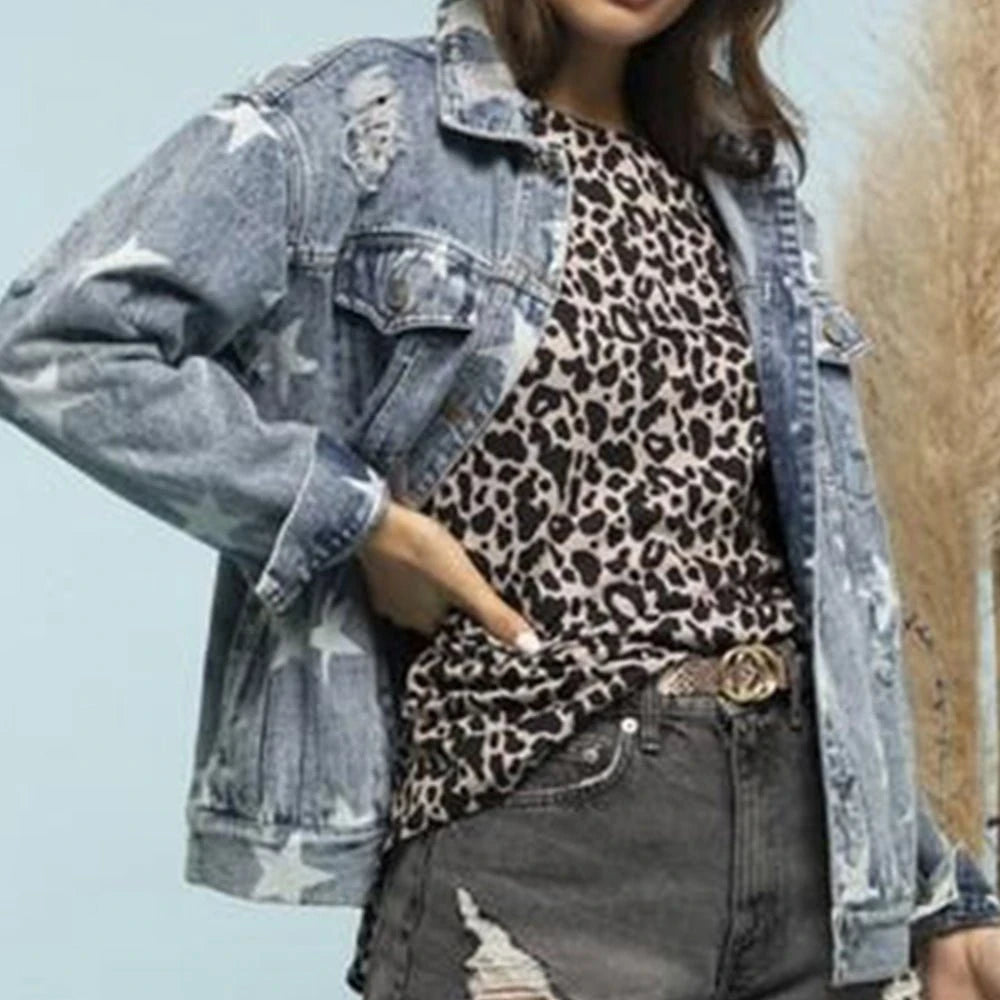 Distressed Denim Shacket with Star Detail