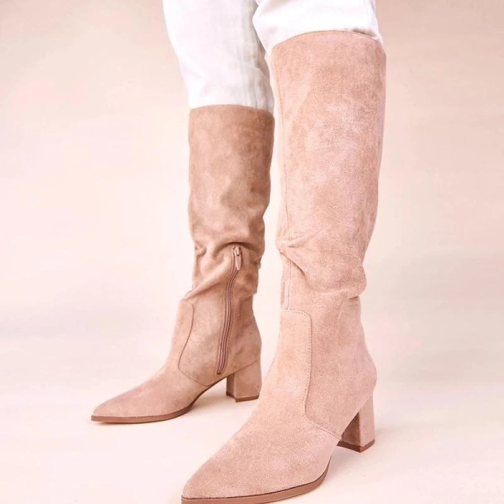 Beige Eco Suede Knee-High Boots