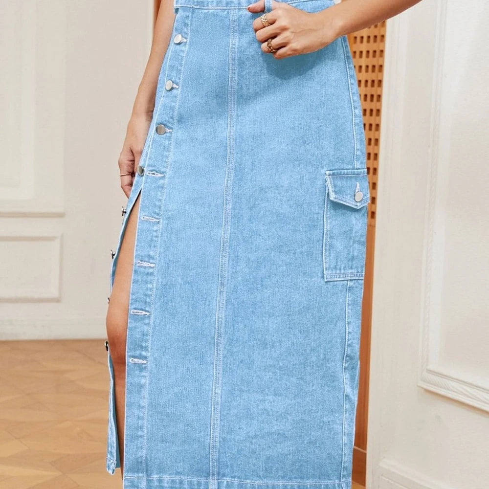 Midi Button Down Denim Skirt