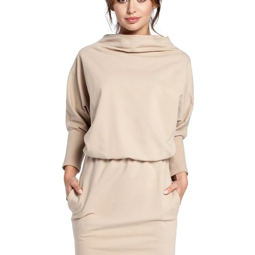Ribbed Sleeve Midi Dress with Pockets