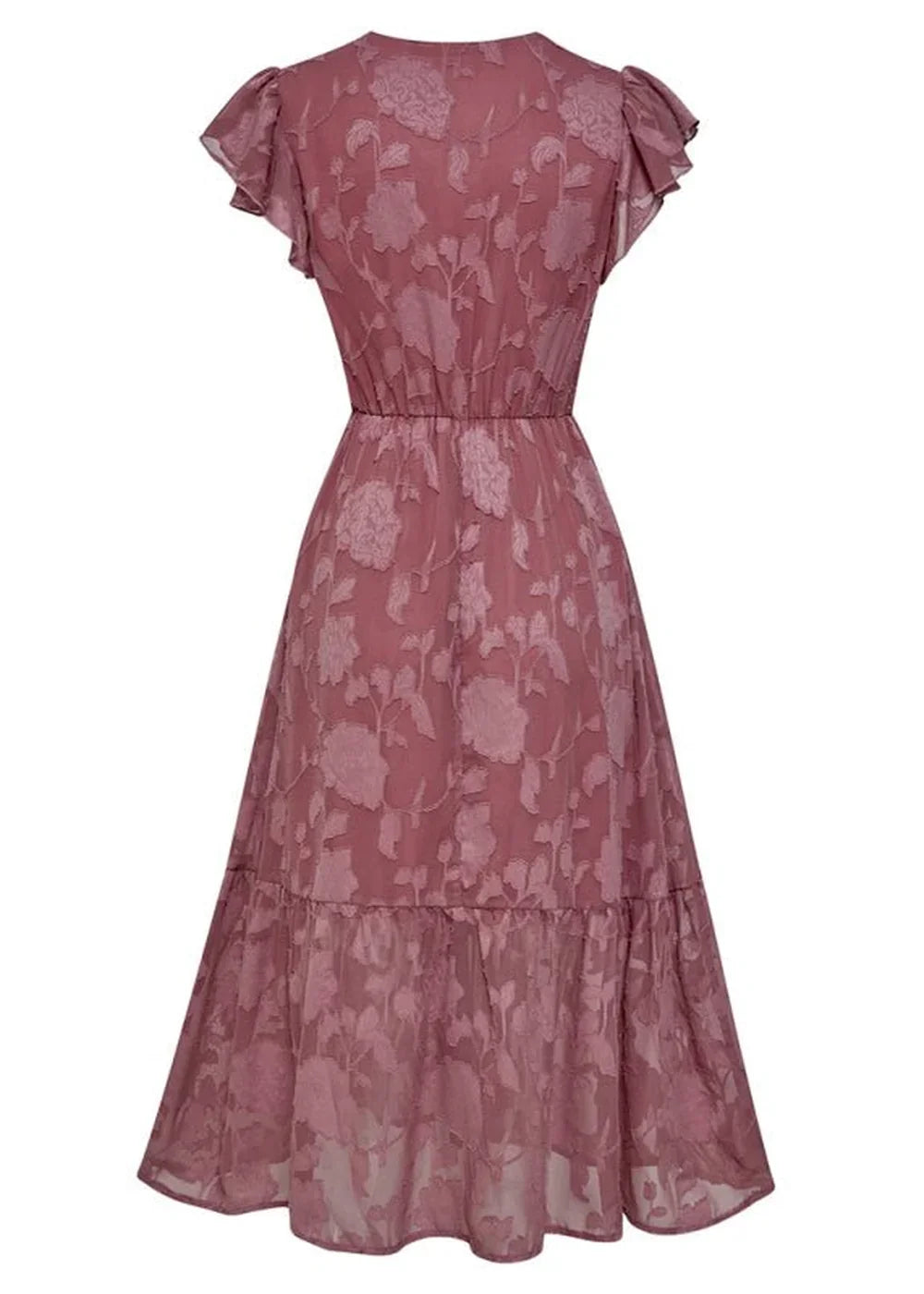 Dusty rose floral burnout fabric midi dress with flutter sleeves and tiered skirt.