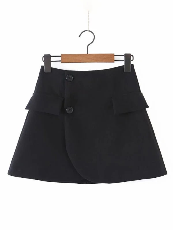 Black A-line skirt with a faux wrap front and two decorative buttons.