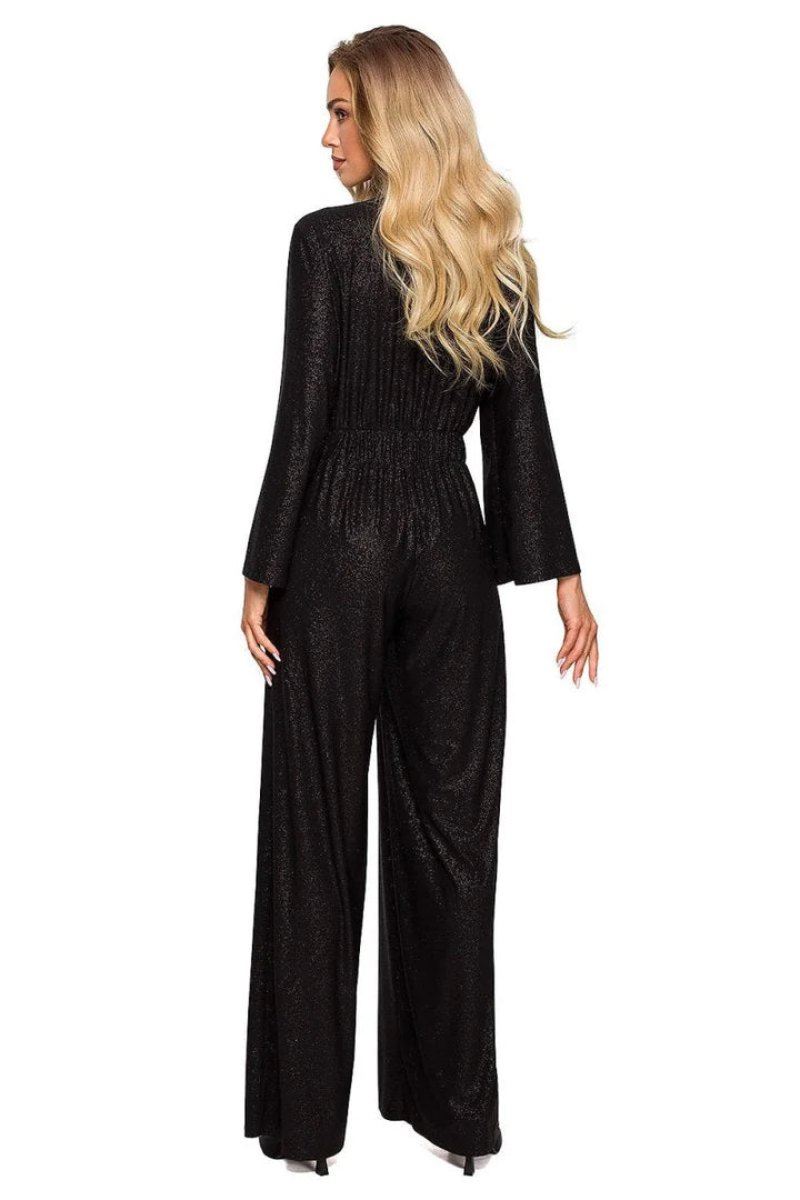 Black sparkly wide-leg jumpsuit with long bell sleeves and elasticated waist.